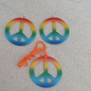 Rainbow Peace Sign  Necklace & Earring Set - Multicolor